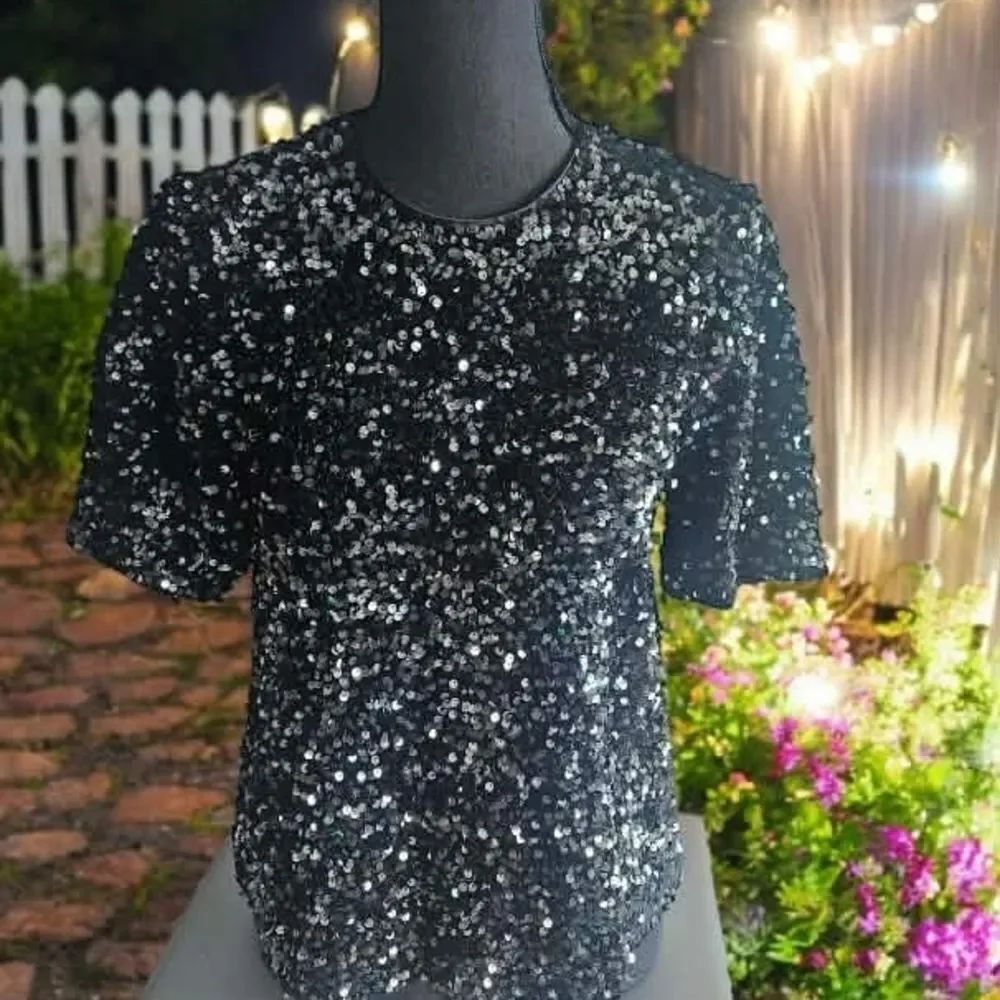 Alex Marie Black Sequin Short Sleeve Top - Fully Lined